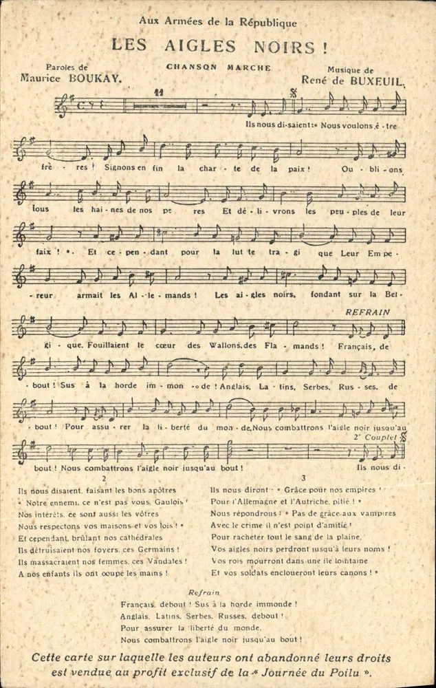 Les Aigles Noirs ! — Chanson de guerre — Éditeur : Journées du Poilu, n° 33214 - Frente