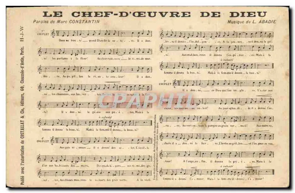 O Obra-Prima de Deus — Palavras de Marc Constantin, Música de L. Abadie — Editor: Chaussée-d'Antin, Paris, 60, editores de COSTALLAT & Cie - Frente