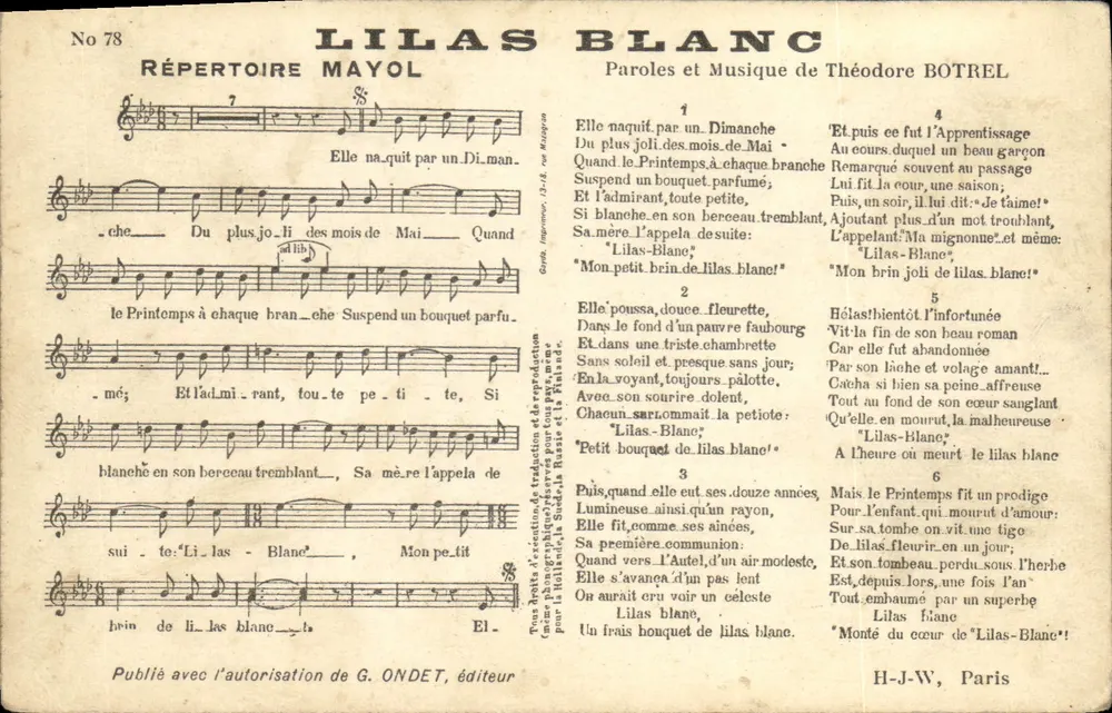 Lilas Blanc — Piosenka Théodora Botrela — Repertuar Mayol, nr 78 - Awers