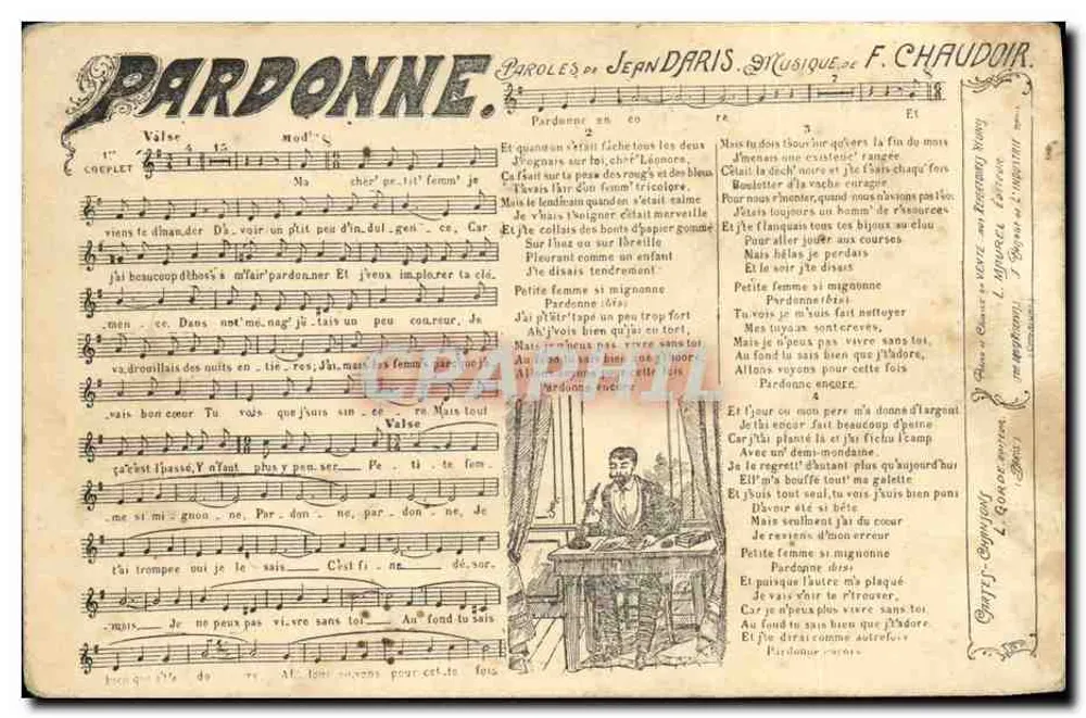 Perdoe — canção de Jean Daris e música de F. Chaudoir — editor não visível - Frente