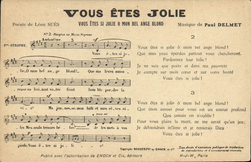Du bist so schön — Gedicht von Léon Suès, Musik von Paul Delmet — Veröffentlicht mit Genehmigung von ENOCH und Cie, Verlag - Vorderseite