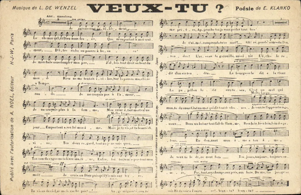 VEUX-TU ? — Poésie de E. Klanko, Musique de L. de Wenzel — H.-J.-W. editor, Paris - Frente