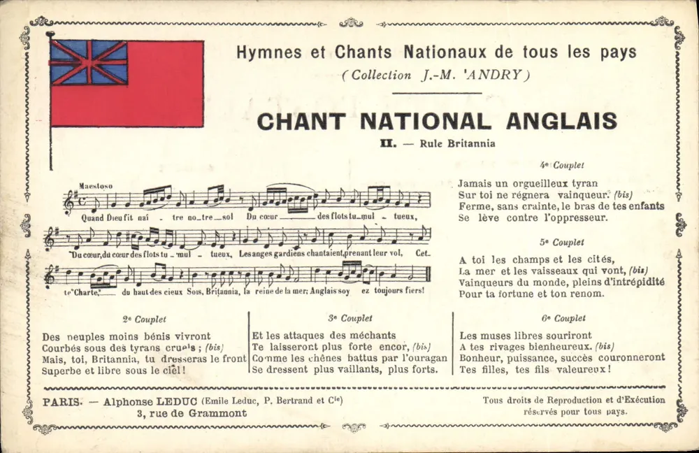 Canto Nacional Inglés — Himnos y Canciones Nacionales de todos los países — Colección J.-M. 'ANDRY' — Alphonse LEDUC - Anverso