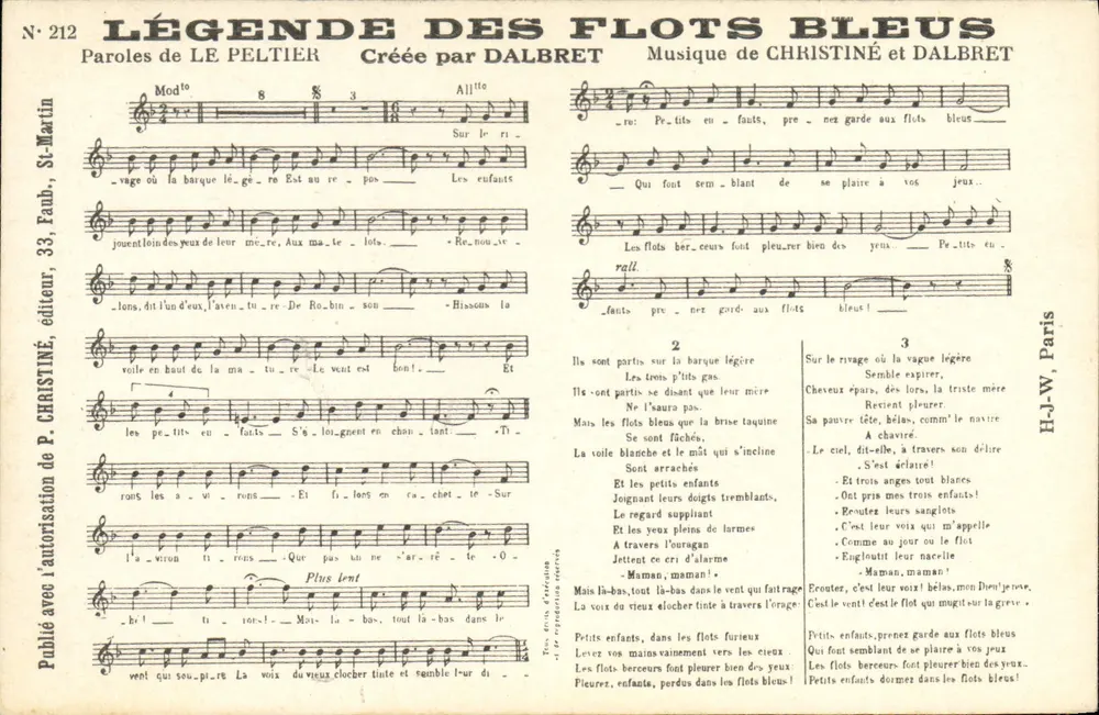 Legende der Blauen Wellen — Text von Le Peltier, Erstellt von Dalbret, Musik von Christiné und Dalbret — H-J-W, Paris - Vorderseite