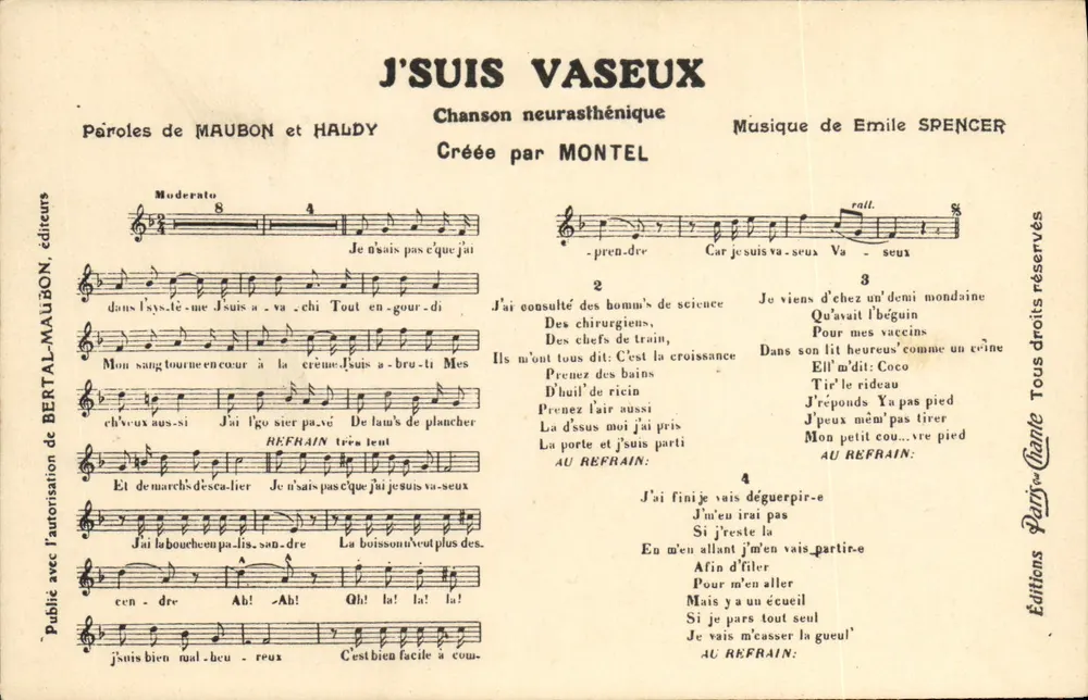 Neurasthenisches Lied — J'SUIS VASEUX — BERTAL-MAUBON-Verlag - Vorderseite