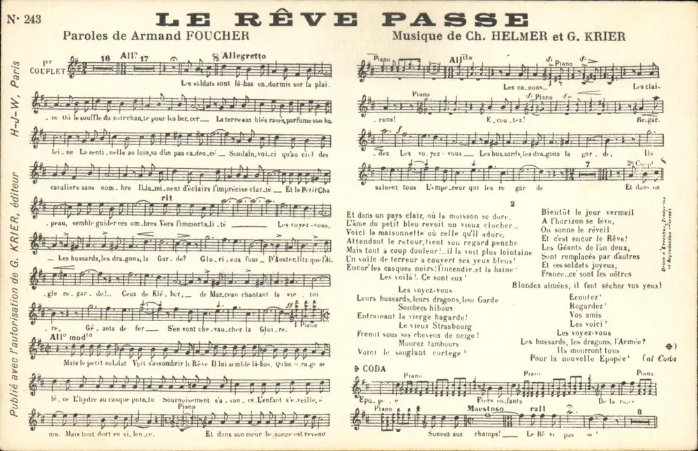 Der vergangene Traum — Text von Armand Foucher, Musik von Ch. Helmer und G. Krier — H.-J.-W., Verlag, Nr. 243 - Vorderseite