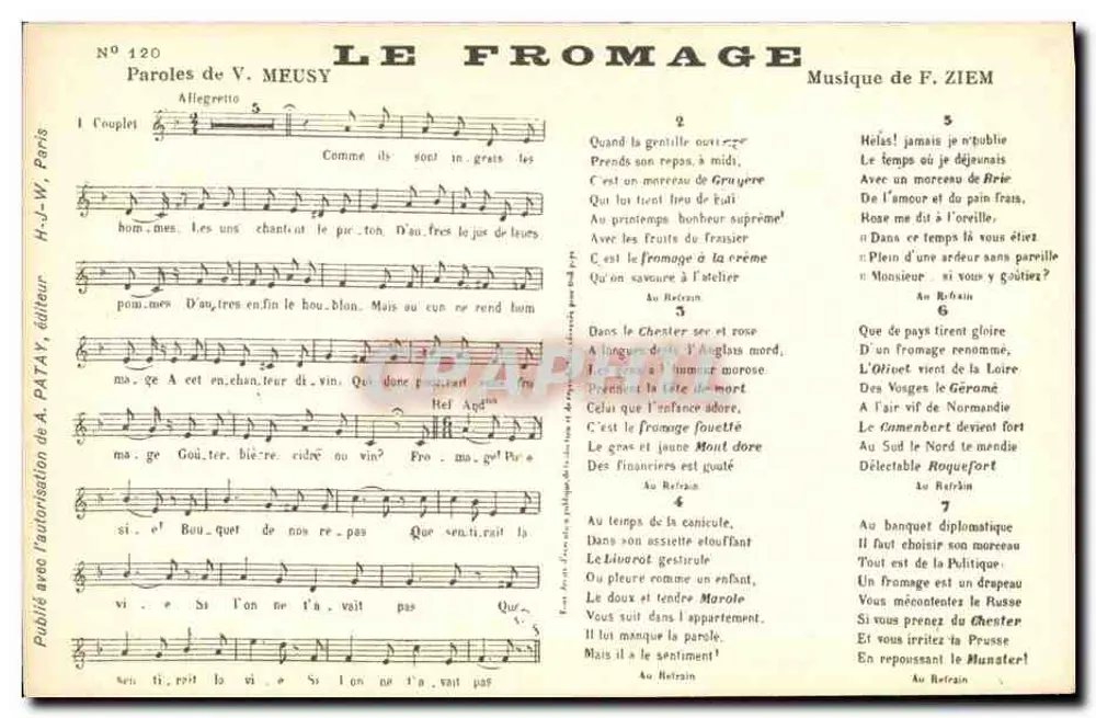 O Queijo — Letras de V. Meusy, Música de F. Ziem — H.-J.-W., editor, n° 120 - Frente