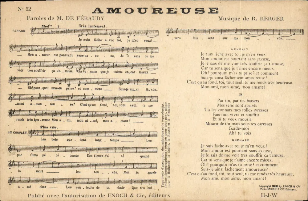 Amoureuse — canção com letras e música — Editor ENOCH & Cie, n°52 - Frente