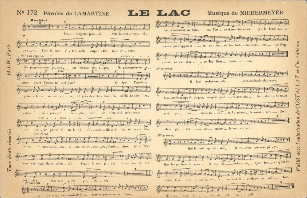O Lago — Palavras de Lamartine, Música de Niedermeyer — H.-J.W. Paris, editores - Frente