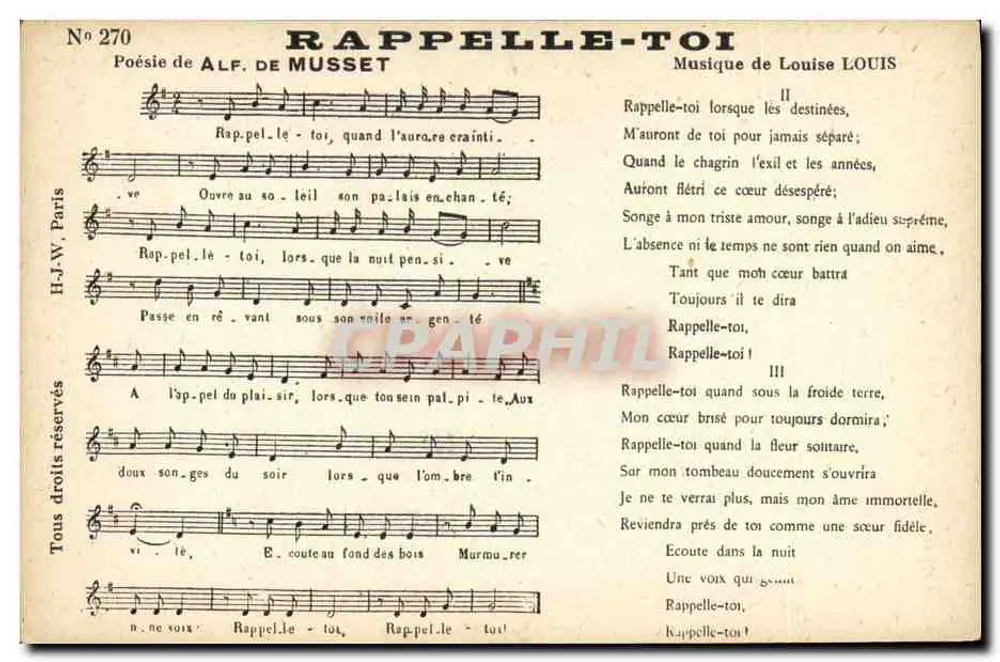Rappelle-toi — Poésie d'Alf. de Musset, musique de Louise Louis — H.J.W. Paris, n° 270 - Vorderseite