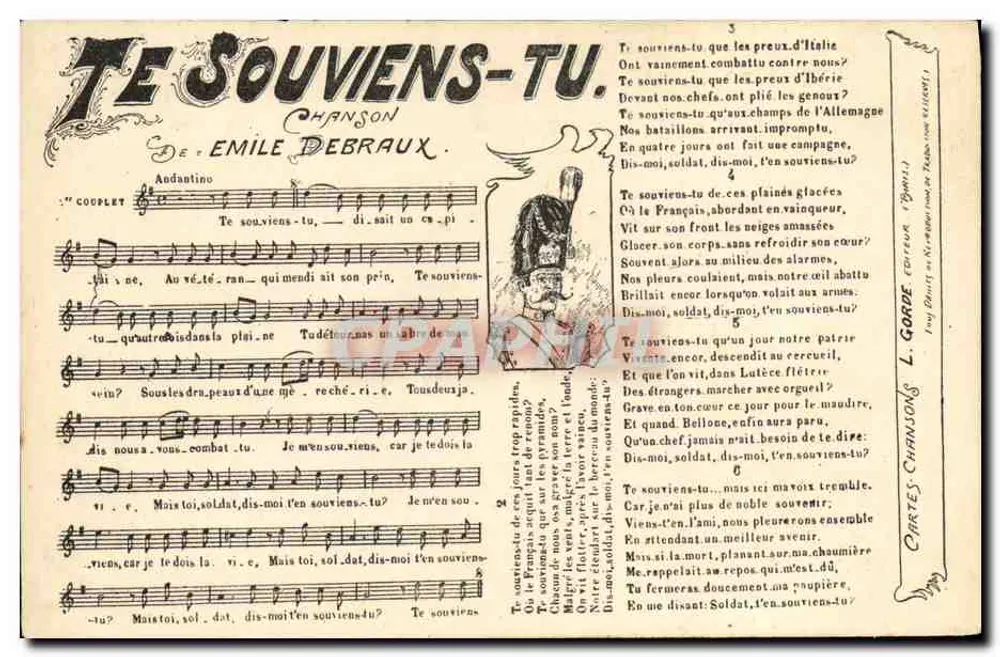 Canção 'Te Souviens-tu' — por Émile Debraux — editor L. Gorde - Frente