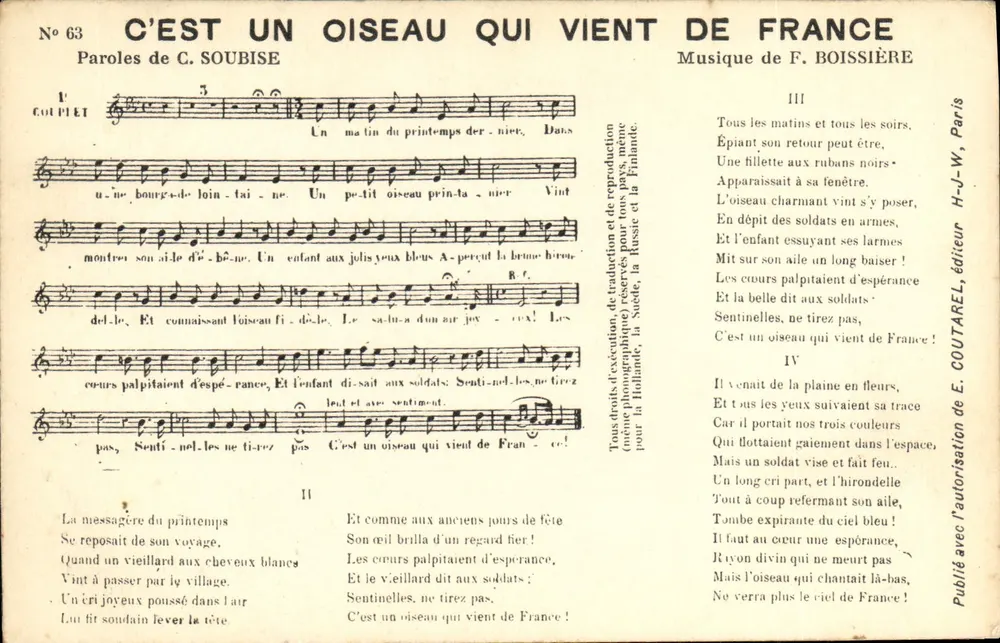ES IST EIN VOGEL, DER AUS FRANKREICH KOMMT — patriotische Lied — E. COUTAREL, Verlag, Nr. 63 - Vorderseite