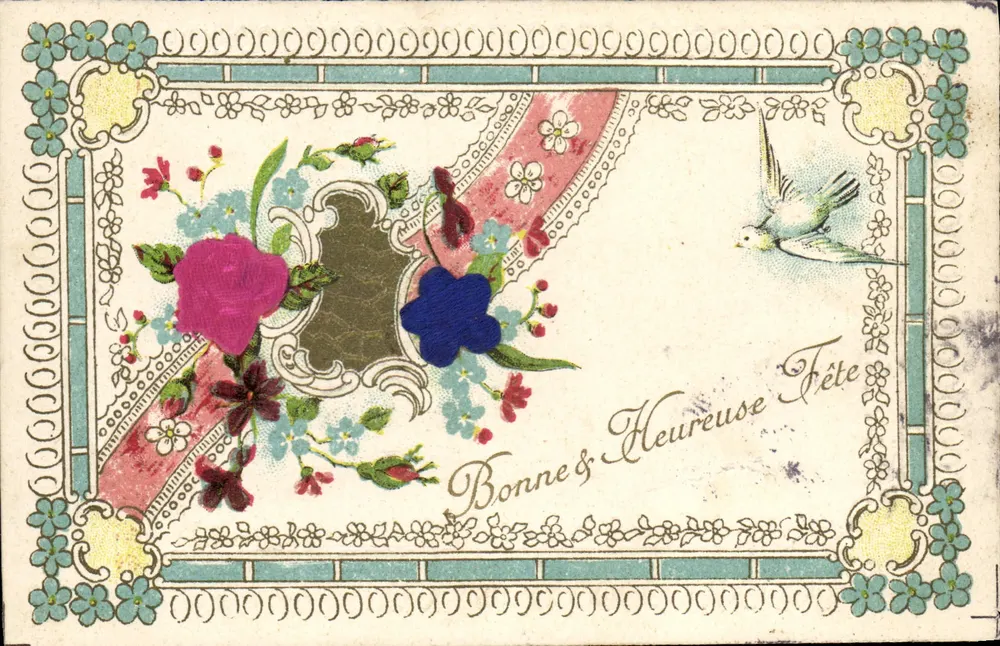 Flores e pássaro — Boa & Feliz Festa — Carta postal multilingue - Frente