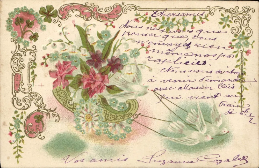 Mazzo di fiori e colombelle — cartolina decorativa — editore non identificato - Recto