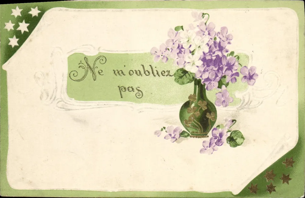 Violes em um vaso — Não me esqueçam — série 748, editada por K.F. RATTIER, PARIS - Frente
