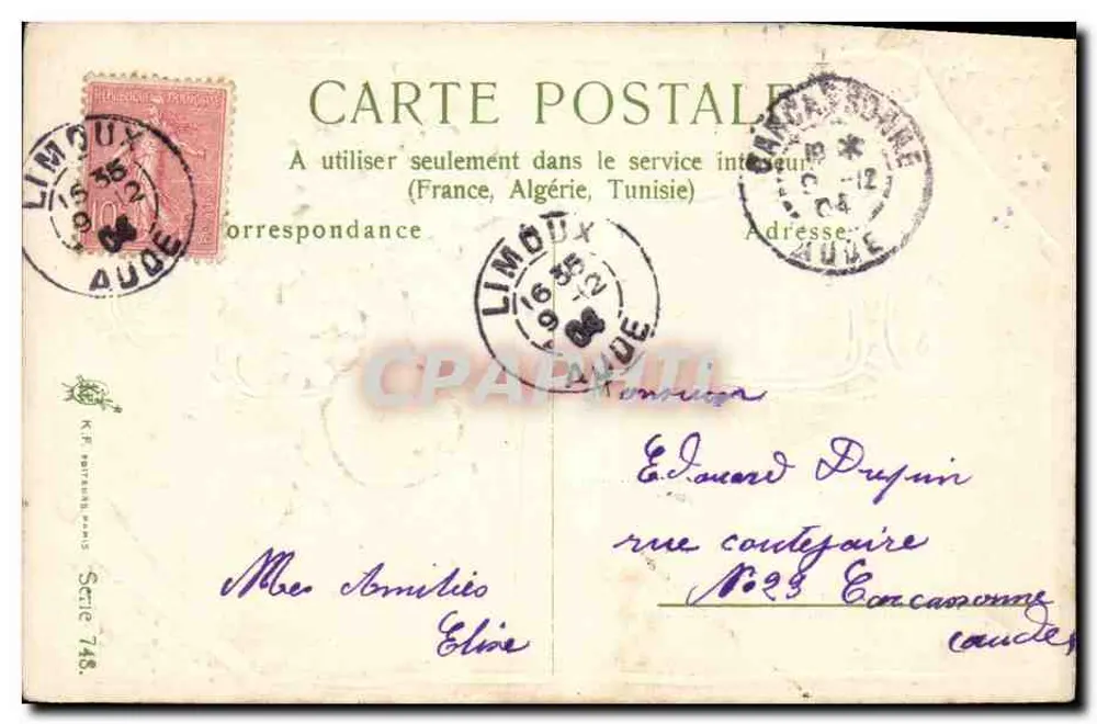 Violes em um vaso — Não me esqueçam — série 748, editada por K.F. RATTIER, PARIS - Verso