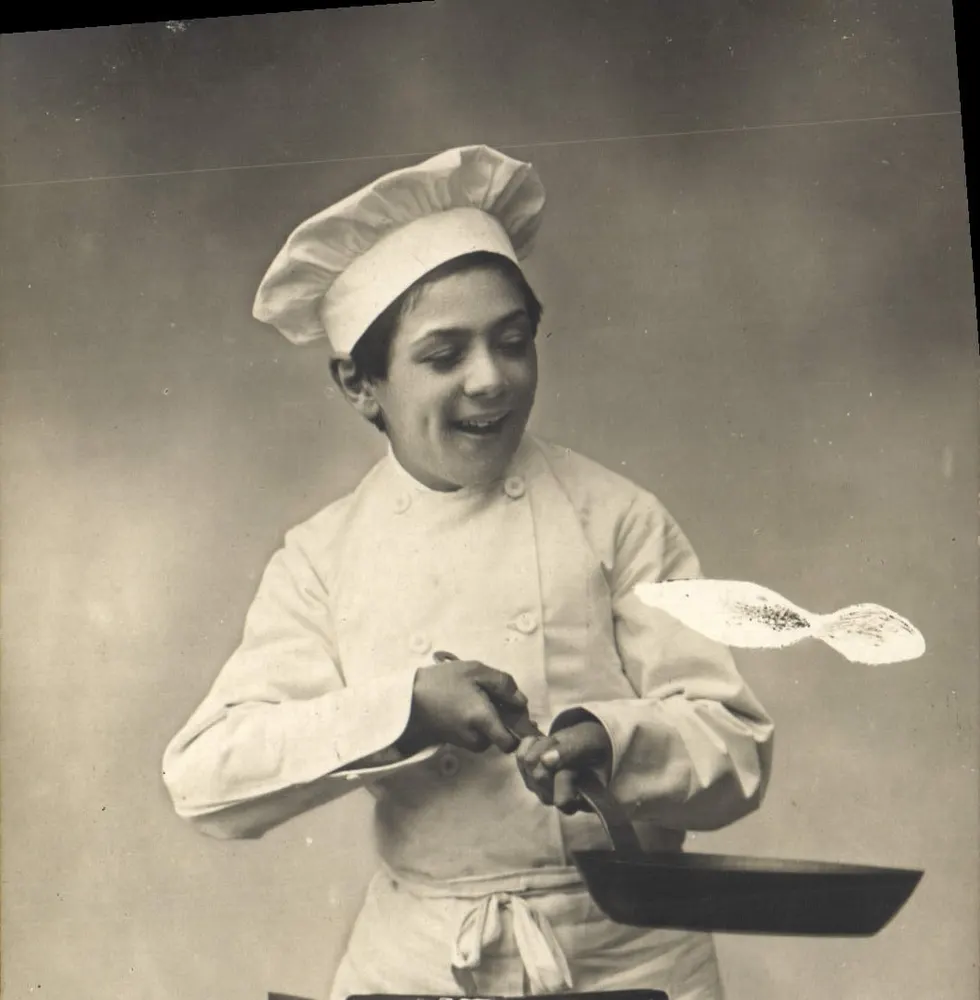 Enfant cuisinier — scène de cuisine avec poisson — éditeur non visible - Frente