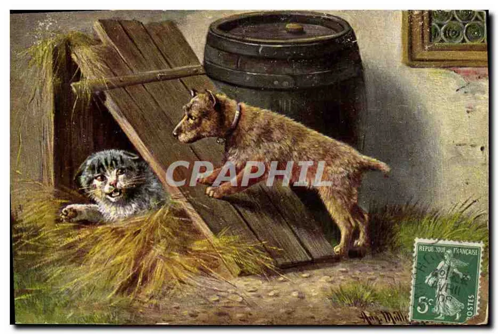 Cachorro e gato — cena de campo — editor K.P. COTERENS PARIS, série 743 - Frente