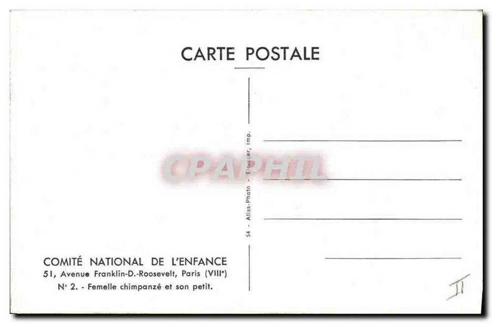 Chimpancé hembra y su cría — COMITÉ NATIONAL DE L'ENFANCE, París - Reverso