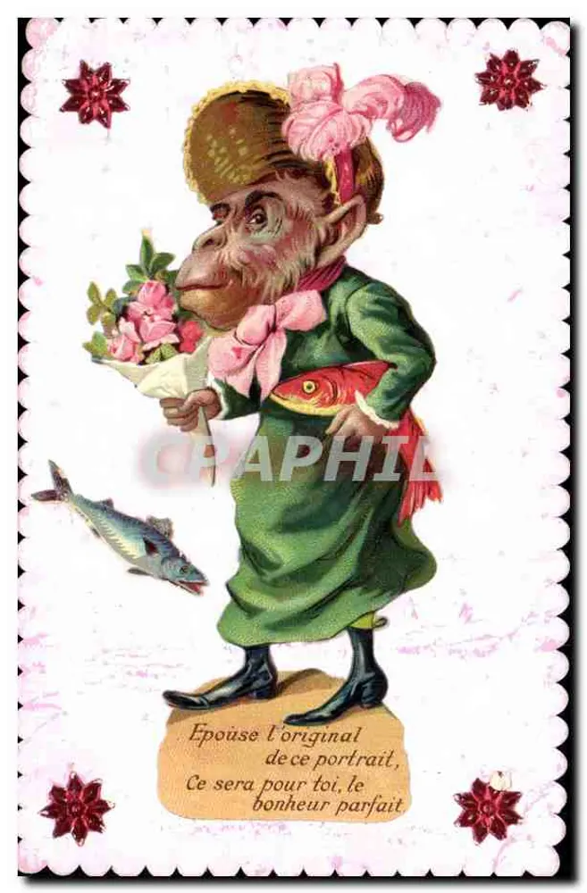 Singe en costume féminin — avec bouquet et poisson — carte postale humoristique - Recto