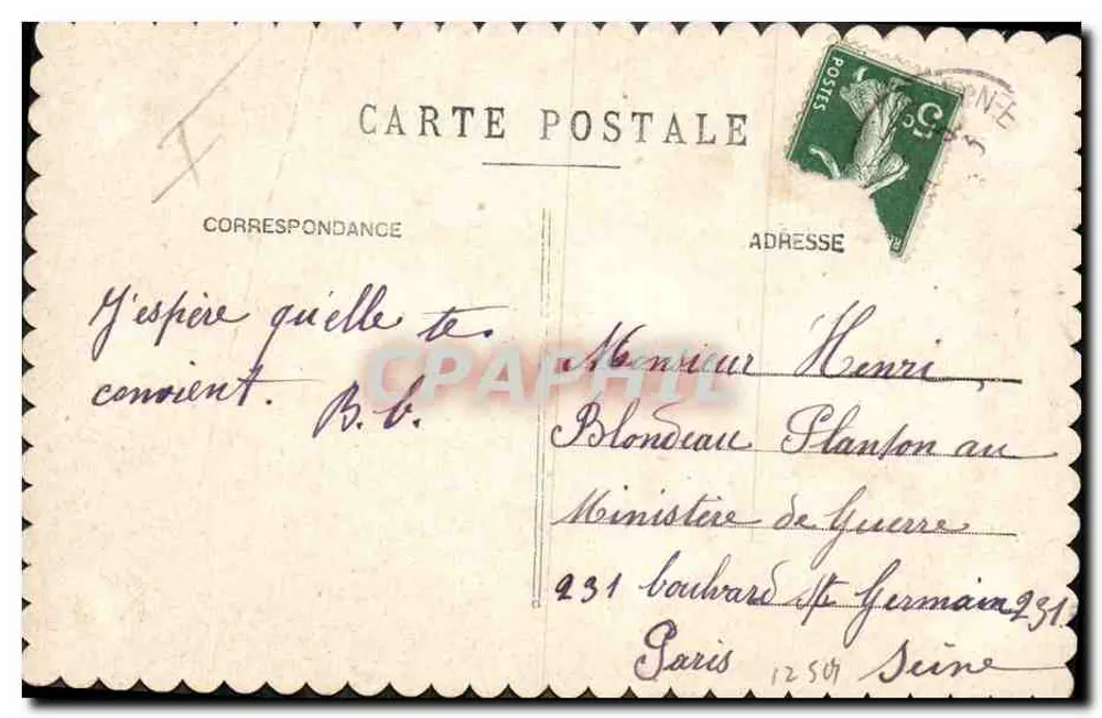 Singe en costume féminin — avec bouquet et poisson — carte postale humoristique - Verso