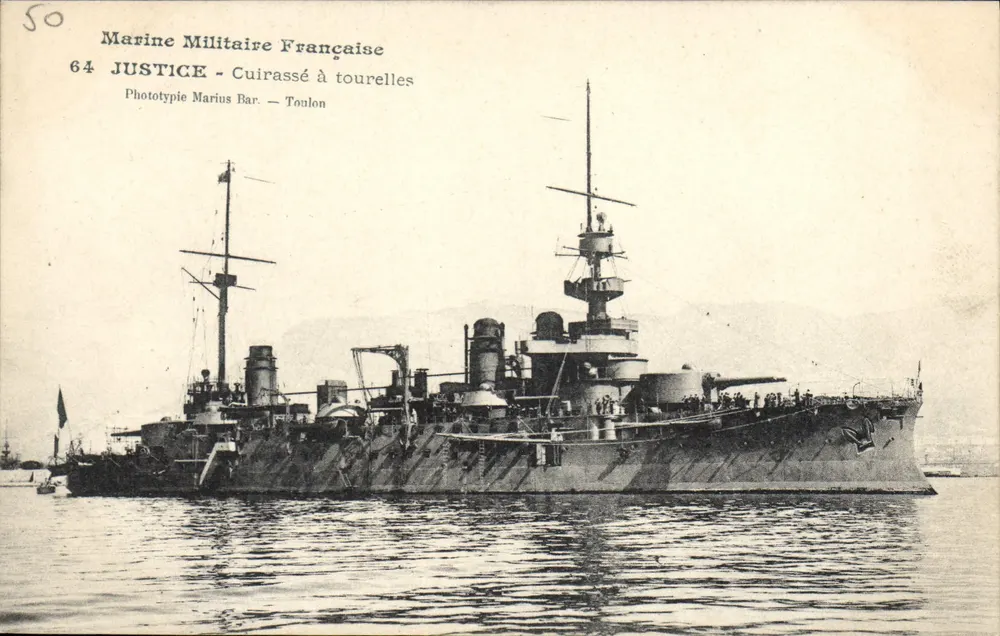 Marinha Militar Francesa — Cegonha com torres JUSTICE — Fototipia Marius Bar — Toulon - Frente