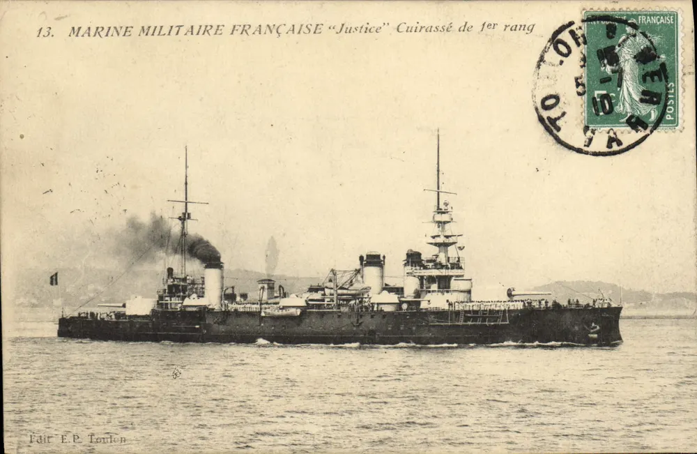 Marinha Militar Francesa "Justice" — Couraçado de 1º Rango — Editor E.P. Toulon, n°13 - Frente