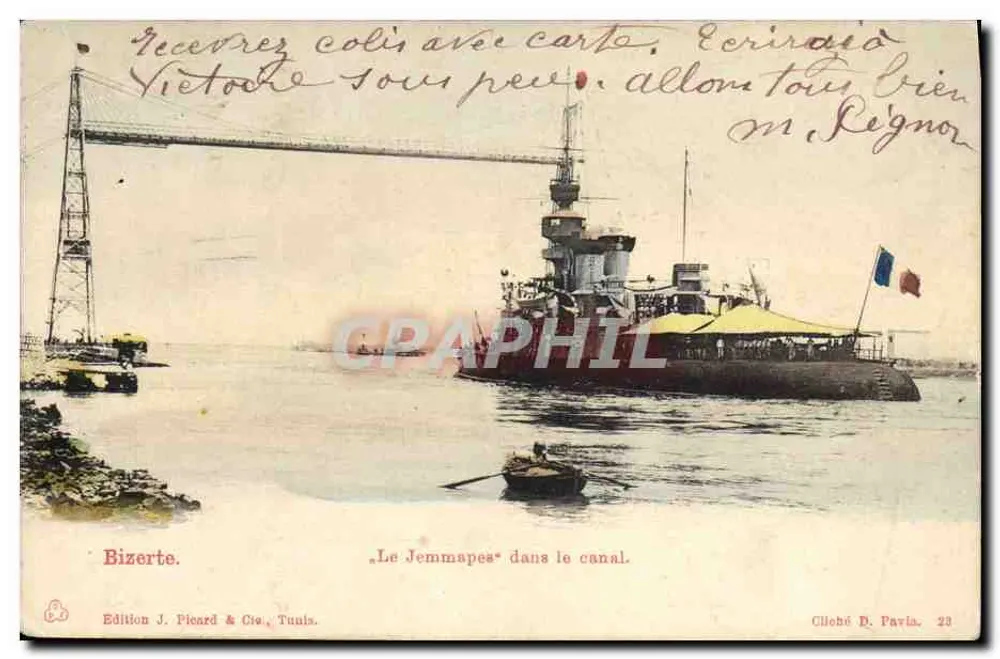 Bizerte — O Jemmapes no canal — Edição J. Picard & Cie, Tunis - Frente