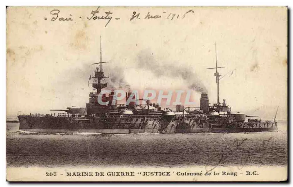Nave da guerra « Justice » — Cacciatorpediniere di prima classe — B.C. — datata 21 maggio 1916 - Recto