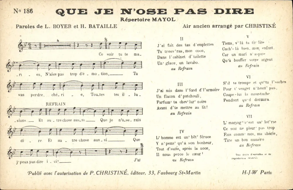 Lied 'Que je n'ose pas dire' — Mayol Repertoire, Nr. 186 — P. CHRISTINÉ, Verleger, 33, Faubourg St-Martin - Vorderseite