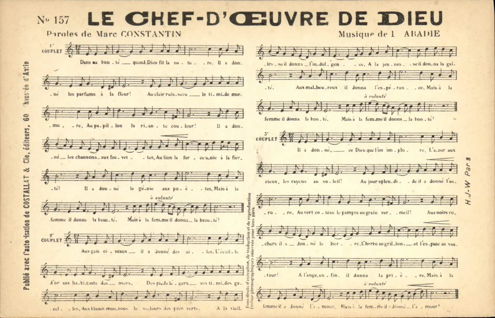 Das Meisterwerk Gottes — Text von Marc Constantin, Musik von L. Abadie — Editions Costall & Cie, Nr. 157 - Vorderseite