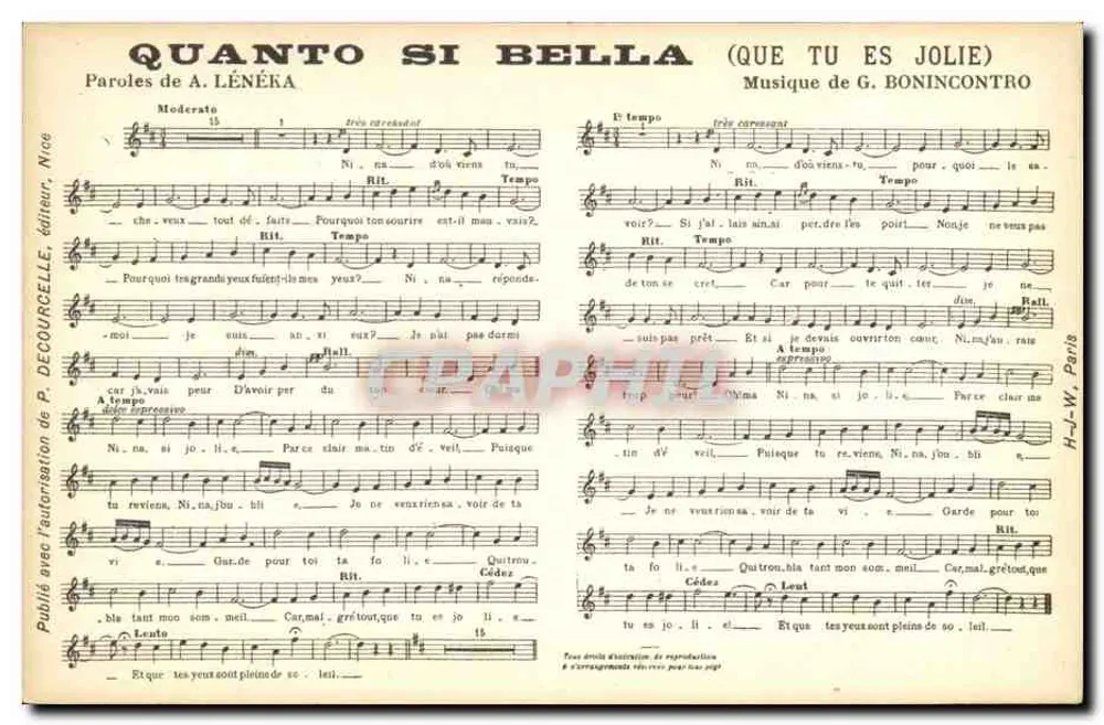 Quanto si bella (Que tu es jolie) — canção com letras e música — editor P. Decourcelle, Nice - Frente