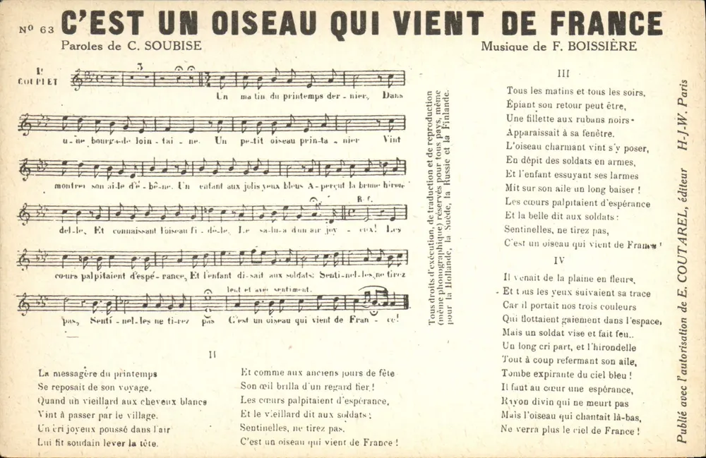 Es ist ein Vogel, der aus Frankreich kommt — Text von C. SOUBISE, Musik von F. BOISSIÈRE — Verlag H.-J.W. AREL, Paris, Nr. 63 - Vorderseite