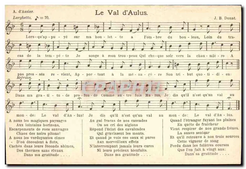 O Vale de Aulus — canção de A. d'Assier e J. B. Donat — editor não visível - Frente