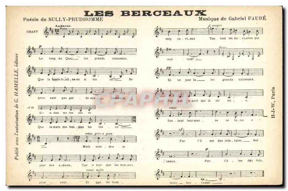 Die Wiegenlieder — Gedichte von Sully-Prudhomme, Musik von Gabriel Fauré — Veröffentlicht mit Genehmigung von G. Hamelle, Verlag, Paris - Vorderseite