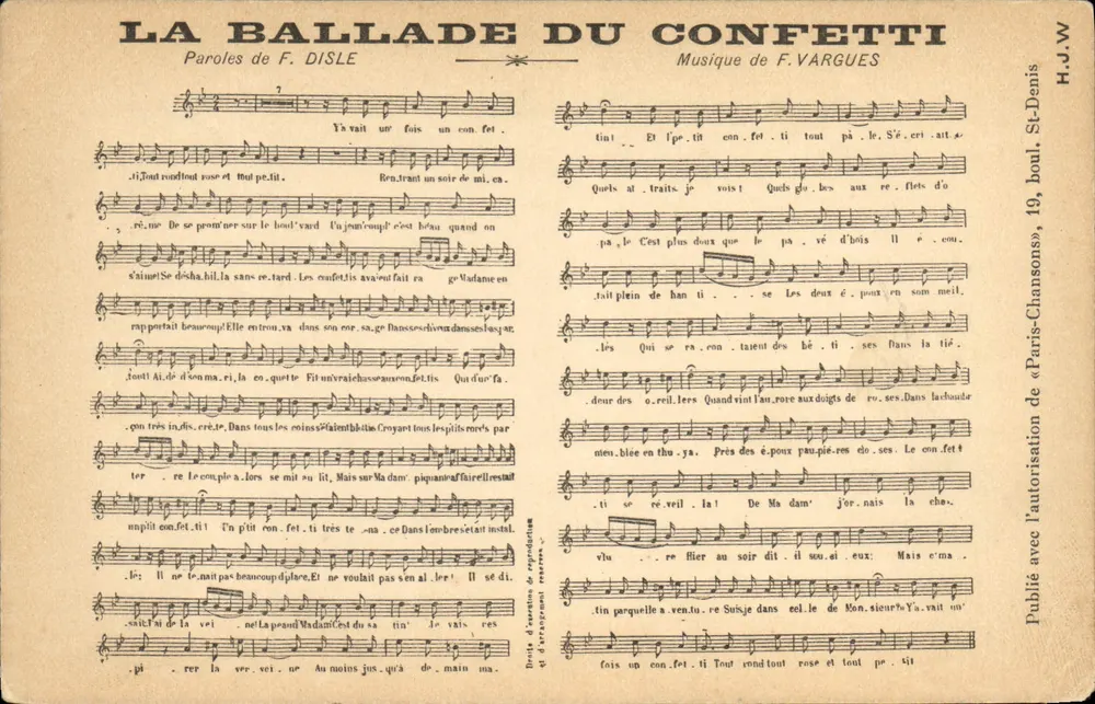 A Balada do Confete — Letras de F. Disle, Música de F. Vargues — H.J.W. Paris - Frente