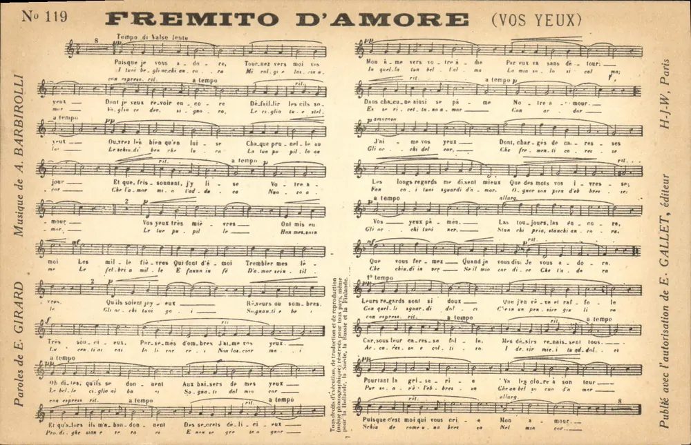 Fremito d'Amore (Vos Yeux) — Música de A. Barbiroli, Letras de E. Girard — H.J.W. Gallet, editor - Frente