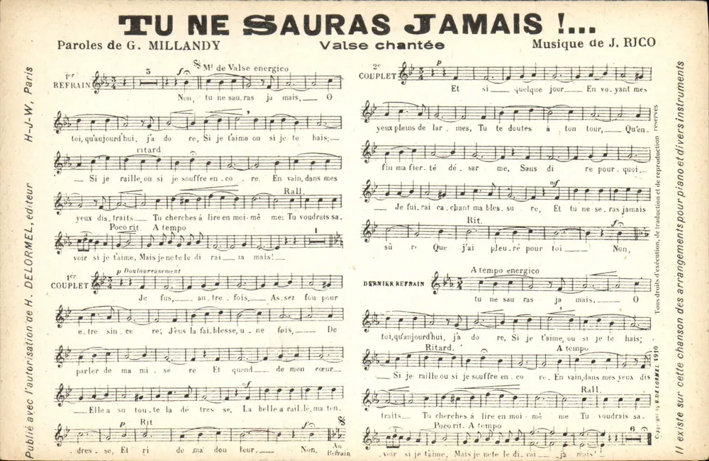 Tu nunca saberás!... — Valsa cantada — H.-J.-W. Delormel, editor - Frente