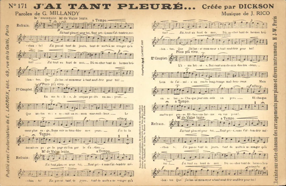 J'AI TANT PLEURÉ... — Canção — Editor E. LACROIX, Paris, n° 171 - Frente