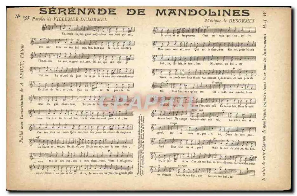 Sérénade de Mandolines — Text von Villemer-Delormel, Musik von Desormes — Verlag A. Leduc, Nr. 153 - Vorderseite