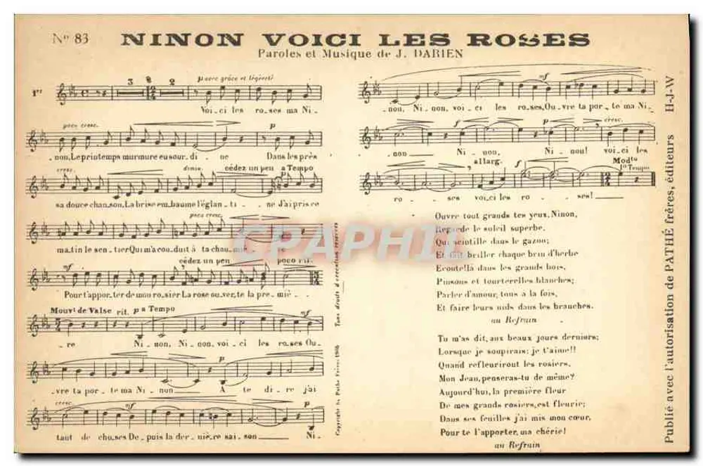 Ninon Aqui estão as Rosas — Letras e Música de J. Darien — Editor H.-A. Pathe - Frente