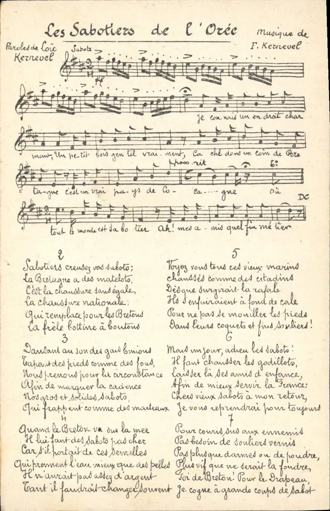 Os Calçadores da Oréia — Música de F. Kernevel — texto impresso e manuscrito - Frente