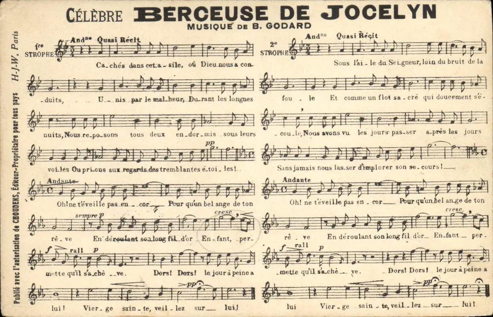 Berceuse de Jocelyn — Música de B. Godard — Editor H.J.W. Paris - Frente