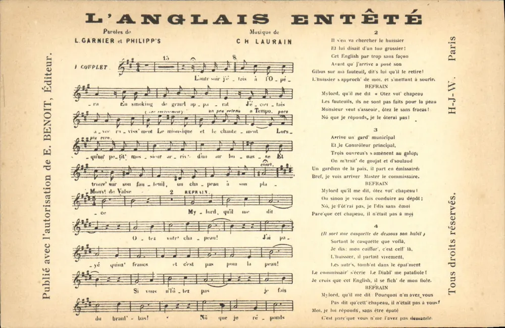 O INGLÊS TEIMOSO — Canção musical — Editor E. BENOIT, Paris - Frente
