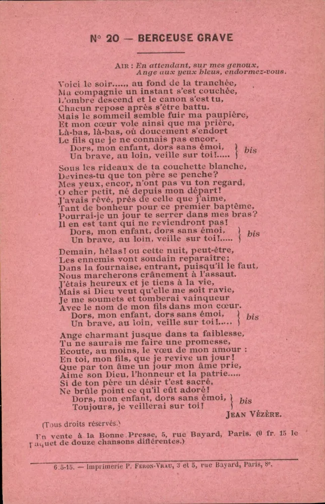 Berceuse Grave — N° 20 — Editor: Impressora P. FERON-VRAU, Paris - Frente