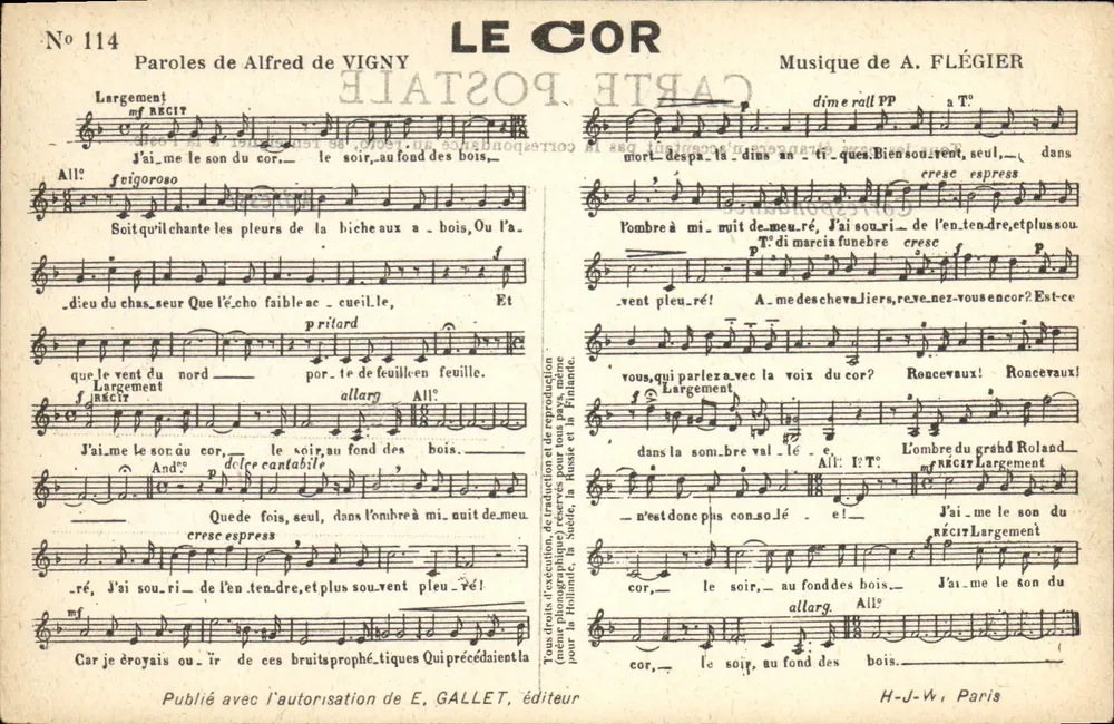 Le Cor — Música de A. Flégié — Editor E. Gallet, Paris, n° 114 - Frente
