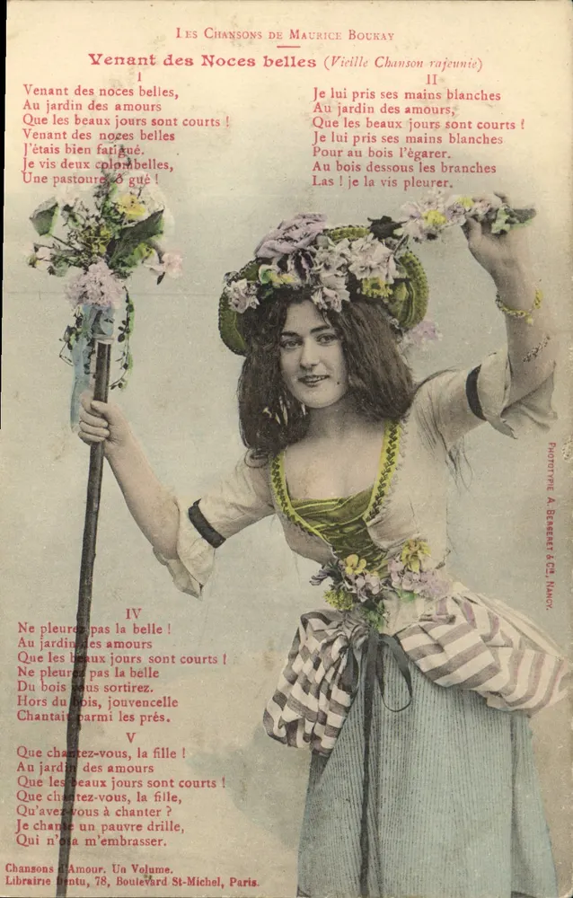 Frau im Bauernkleid mit Blumengewinde — Lied von Maurice Boukay — Phototype A. Blaerey & Cie, Nancy - Vorderseite