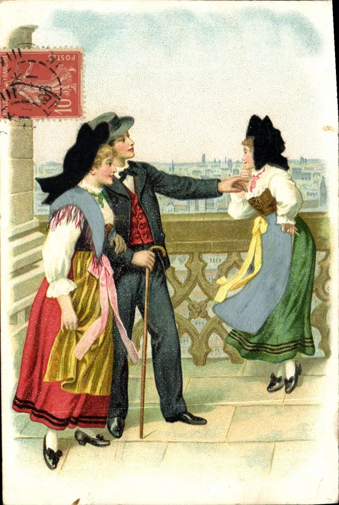 Scène de balcon — trois personnages en tenue traditionnelle — éditeur non visible - Frente