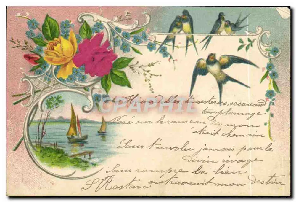 Vögel und Blumen — Seenlandschaft mit Segelbooten — Verleger nicht sichtbar - Vorderseite