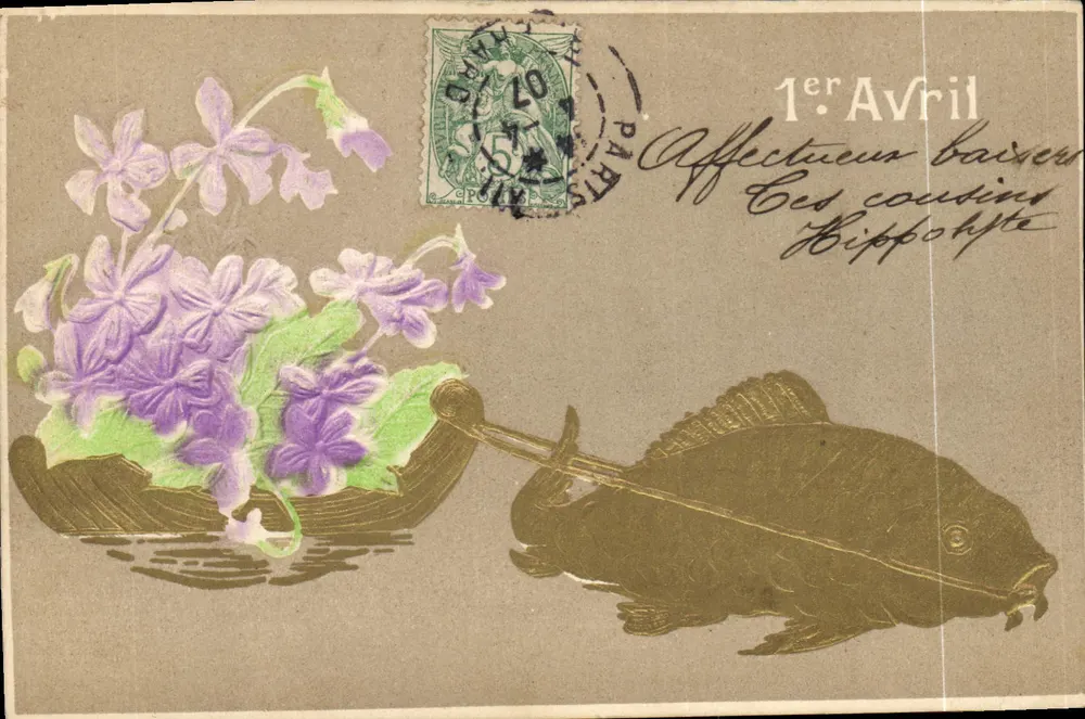 Violette Blüten in einem Boot, gezogen von einem Fisch — Verlag Union Postale Universelle, Seriennummer nicht sichtbar - Vorderseite